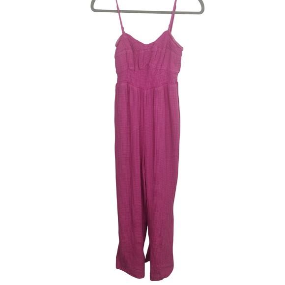 Anthropologie Jumpsuit Womens Small Magenta Pink Gauze Smocked Waist Wide Leg - Picture 2 of 8